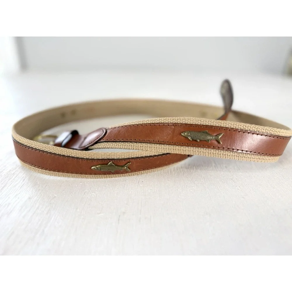 Leather Man Ltd. Leather & Canvas Belt Brown Tabs Brass FISH coastal Size 42